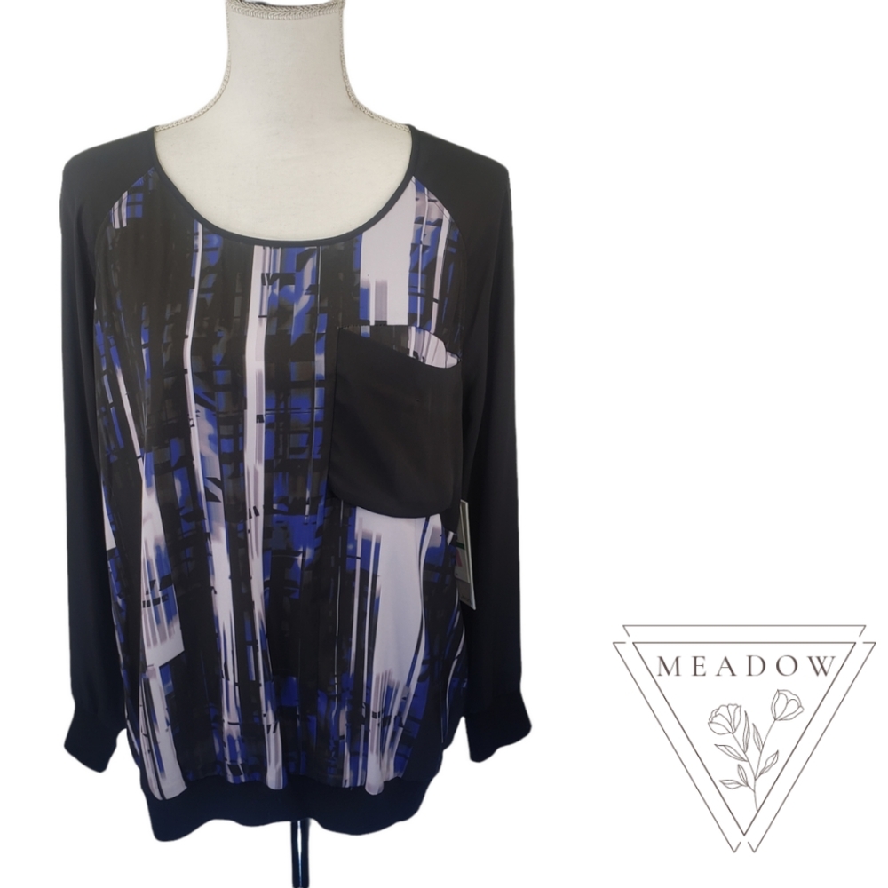 Calvin Klein Jeans Women's Blouse Large Long Sleeve Top Black Blue Office NEW